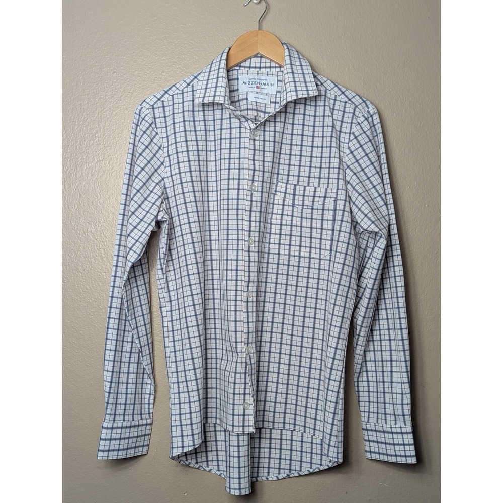 Mizzen+Main Leeward Collection Shirt Mens Medium Trim Fit‎ Blue Check Stretch